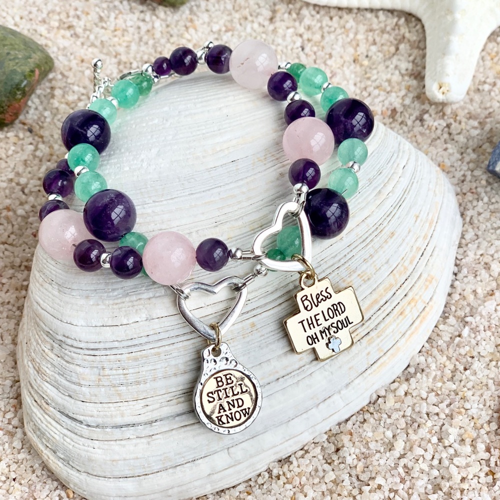 Christian Heart Gemstone Charm Bracelet - Open Heart